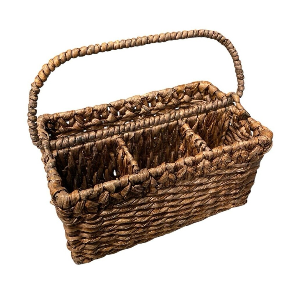 Wicker Basket Caddy 4 Compartment Utensil Holder Silverware Organizer Farmhouse
